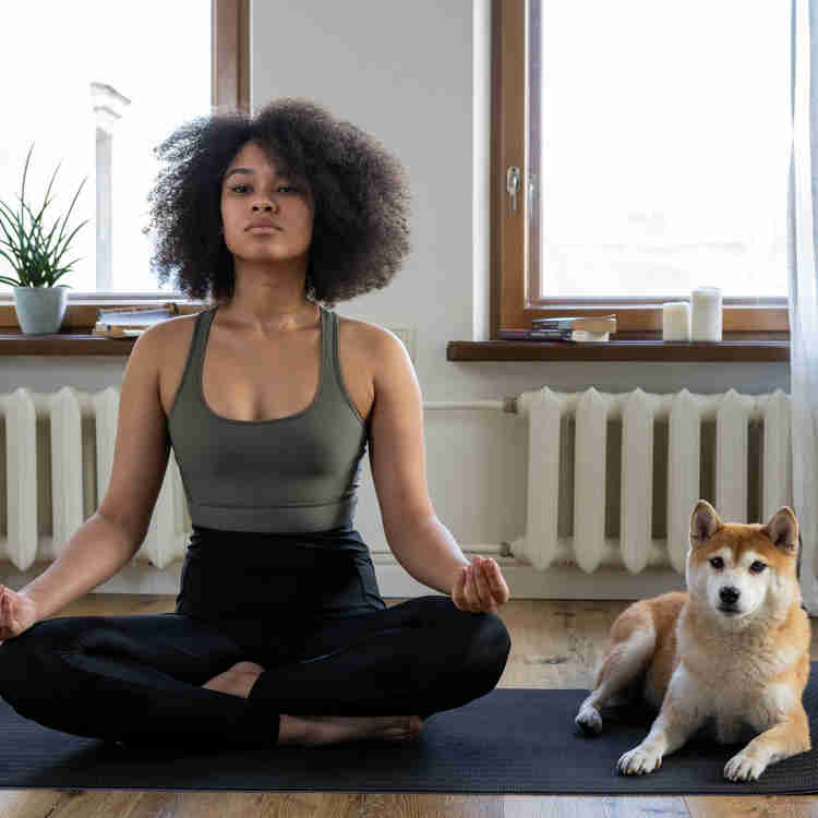Yogi with medium-small dog sharing yoga mat. 